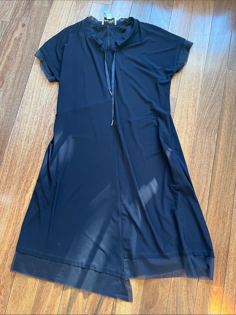 Joseph Ribkoff Navy Short-Sleeve Midi Dress with Tie Neck